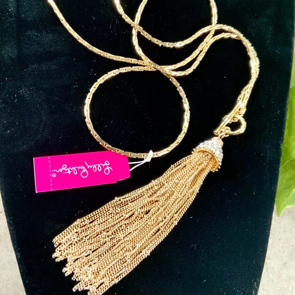 Lilly Pulitzer NECKLACE 🩷 GOLD CHAIN TASSEL CRYSTAL NECKLACE NWT “Fronds”TOGGLE - Picture 2 of 16
